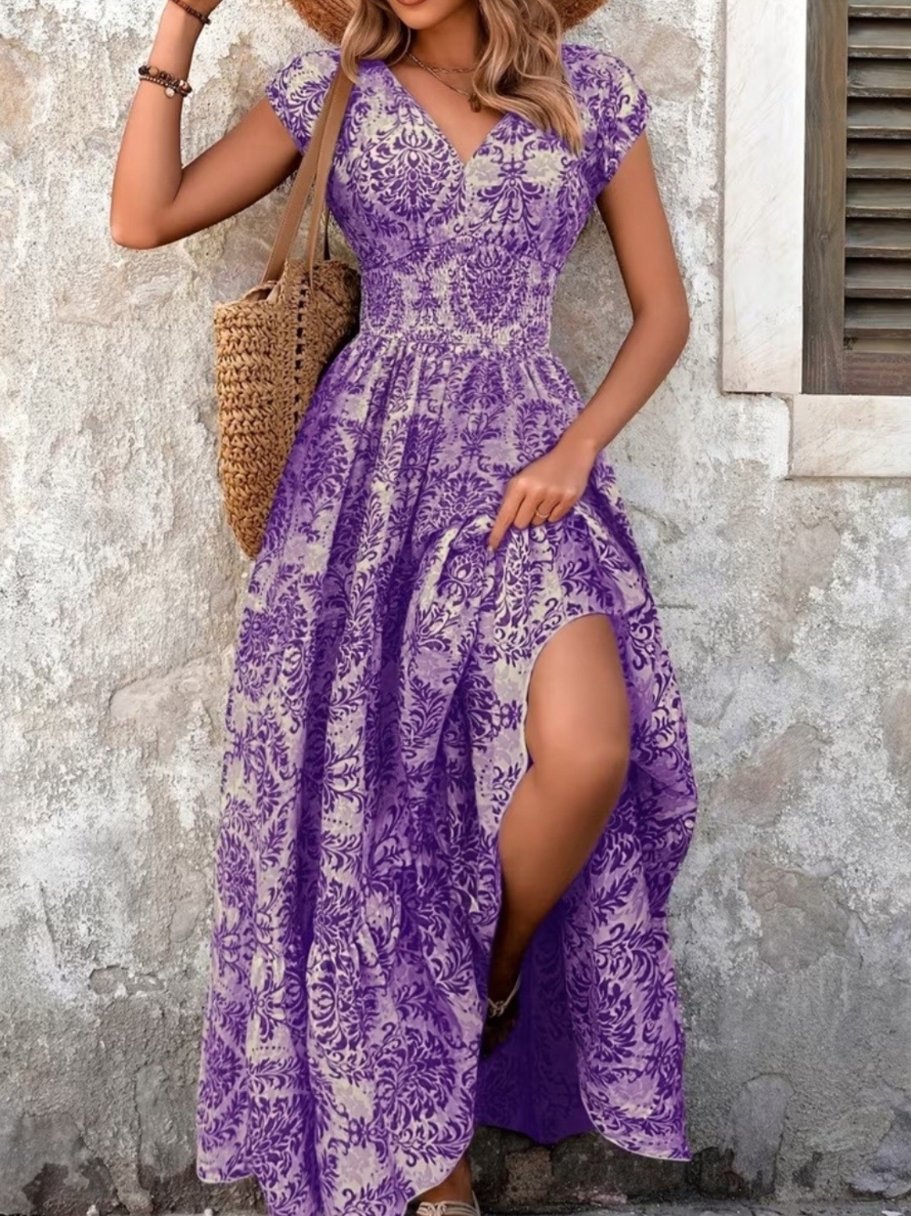 Purple Printed Maxi Dress with Smocked Waist